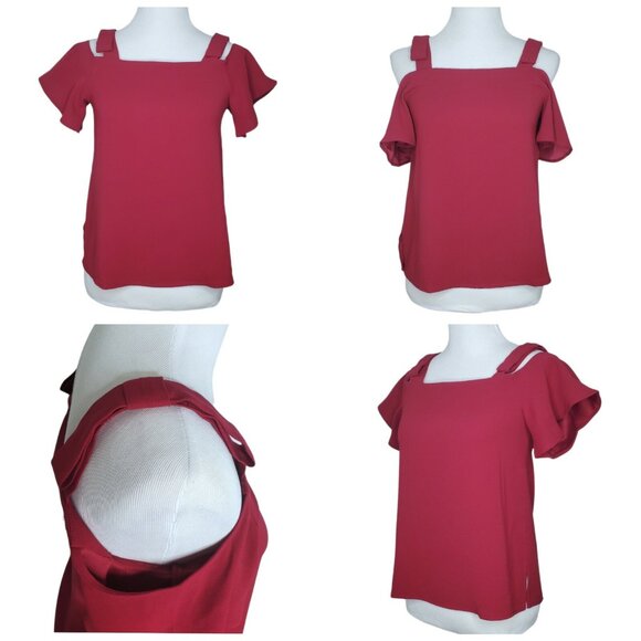 Ann Taylor Petite Womens Blouse Size XS Cold Shoulder Flare Sleeves Maroon XSP - Picture 1 of 10